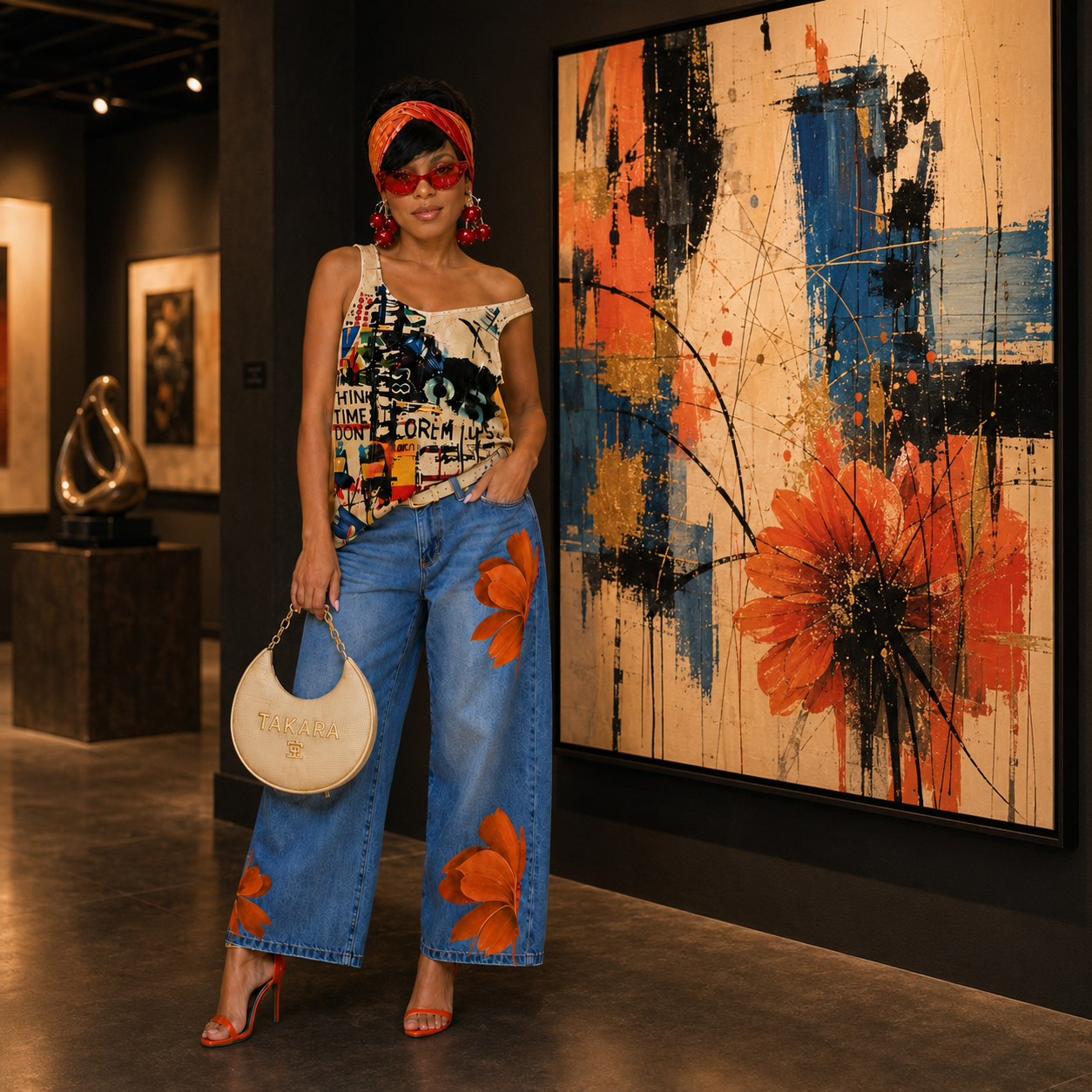 Woman wearing a Temu abstract print top and wide-leg floral jeans standing beside a bold abstract wall art print with orange, blue, black, cream, and gold accents in a dark luxury gallery setting.